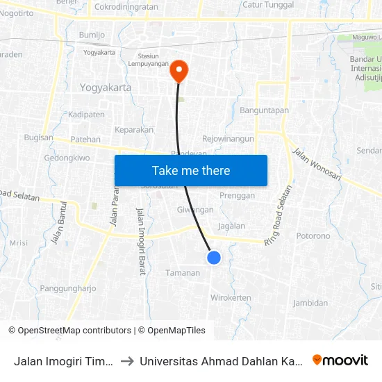 Jalan Imogiri Timur 69 to Universitas Ahmad Dahlan Kampus 1 map