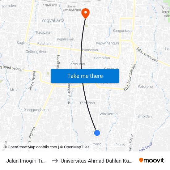 Jalan Imogiri Timur 5 to Universitas Ahmad Dahlan Kampus 1 map