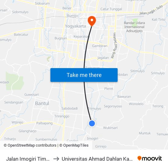 Jalan Imogiri Timur 12 to Universitas Ahmad Dahlan Kampus 1 map