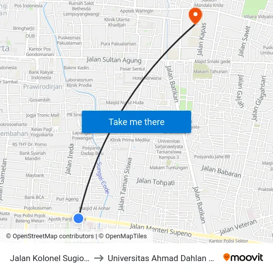 Jalan Kolonel Sugiono 30b to Universitas Ahmad Dahlan Kampus 1 map