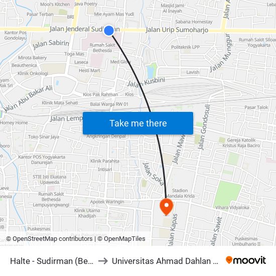 Halte - Sudirman (Bethesda) to Universitas Ahmad Dahlan Kampus 1 map