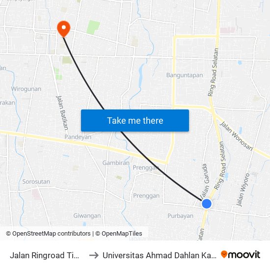 Jalan Ringroad Timur 1a to Universitas Ahmad Dahlan Kampus 1 map