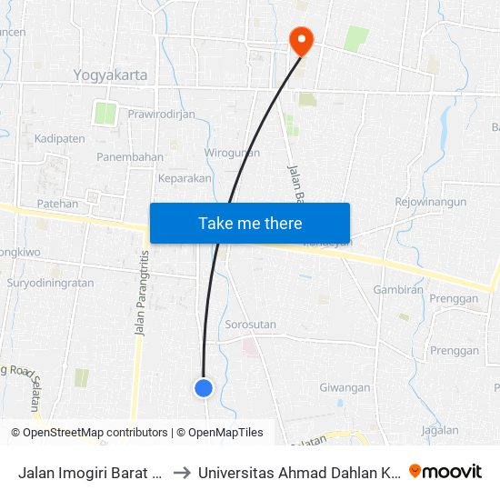 Jalan Imogiri Barat 31-173 to Universitas Ahmad Dahlan Kampus 1 map