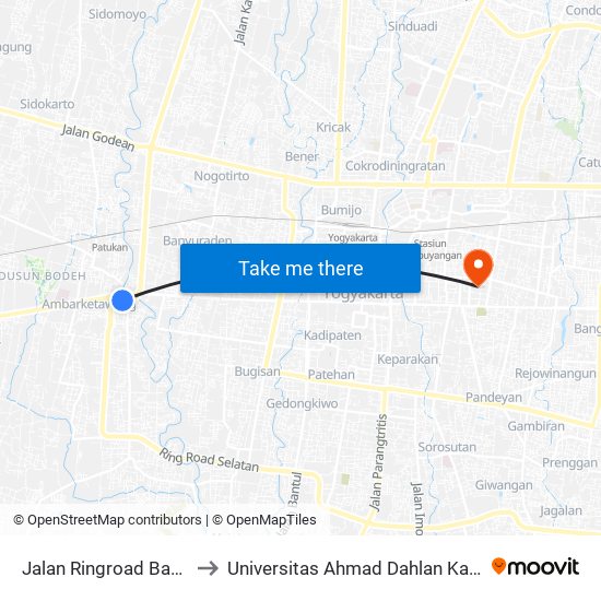 Jalan Ringroad Barat 51 to Universitas Ahmad Dahlan Kampus 1 map