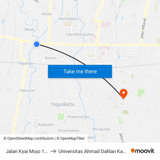 Jalan Kyai Mojo 17-31 to Universitas Ahmad Dahlan Kampus 1 map