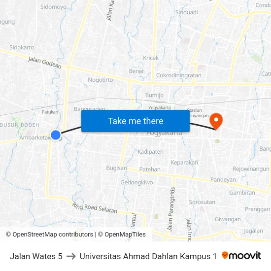 Jalan Wates 5 to Universitas Ahmad Dahlan Kampus 1 map