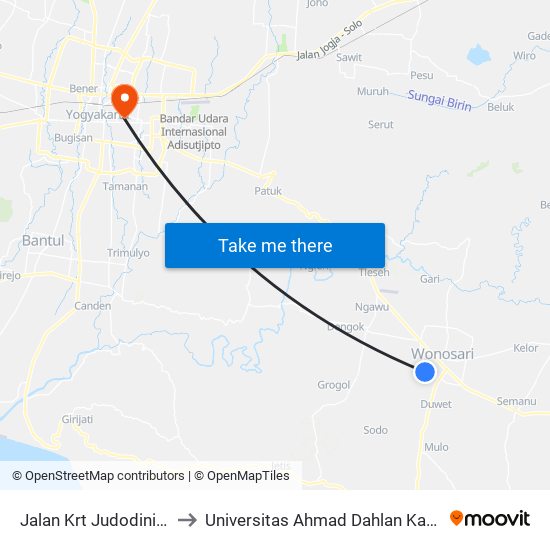 Jalan Krt Judodiningrat to Universitas Ahmad Dahlan Kampus 1 map