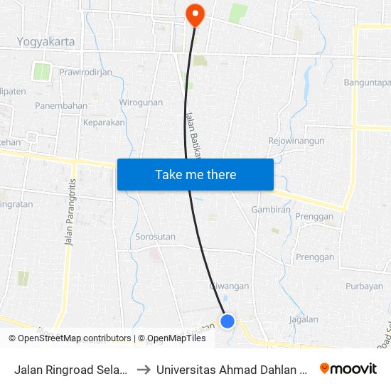 Jalan Ringroad Selatan 545 to Universitas Ahmad Dahlan Kampus 1 map