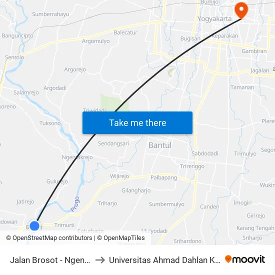 Jalan Brosot - Ngentakrejo to Universitas Ahmad Dahlan Kampus 1 map