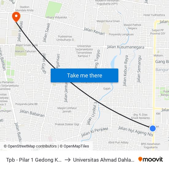 Tpb - Pilar 1 Gedong Kuning Kota to Universitas Ahmad Dahlan Kampus 1 map