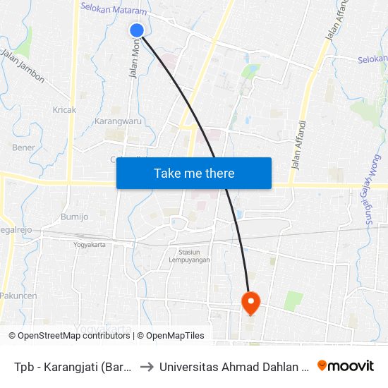 Tpb - Karangjati (Barat Jalan) to Universitas Ahmad Dahlan Kampus 1 map