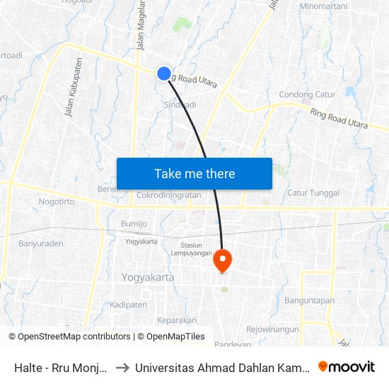 Halte - Rru Monjali 2 to Universitas Ahmad Dahlan Kampus 1 map