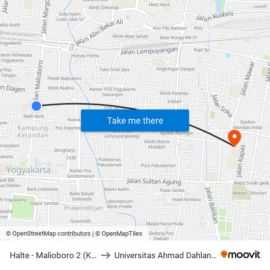 Halte - Malioboro 2 (Kepatihan) to Universitas Ahmad Dahlan Kampus 1 map