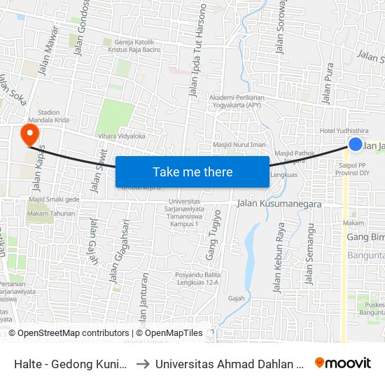 Halte - Gedong Kuning (Jec) to Universitas Ahmad Dahlan Kampus 1 map