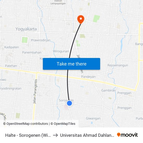 Halte - Sorogenen (Wirosaban) to Universitas Ahmad Dahlan Kampus 1 map