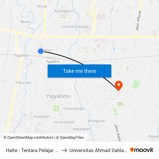 Halte - Tentara Pelajar 2 (Samsat) to Universitas Ahmad Dahlan Kampus 1 map