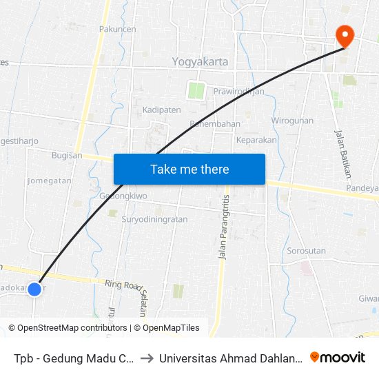 Tpb - Gedung Madu Candhya 2 to Universitas Ahmad Dahlan Kampus 1 map