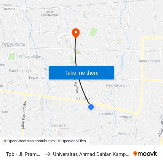Tpb - Jl. Pramuka to Universitas Ahmad Dahlan Kampus 1 map