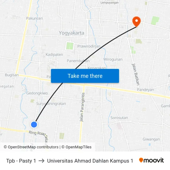Tpb - Pasty 1 to Universitas Ahmad Dahlan Kampus 1 map
