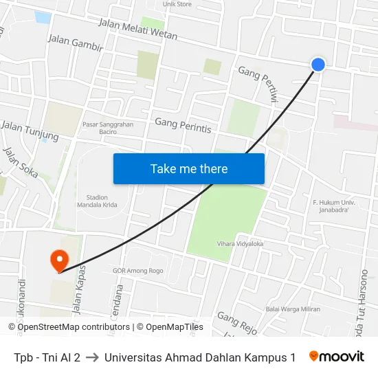 Tpb - Tni Al 2 to Universitas Ahmad Dahlan Kampus 1 map