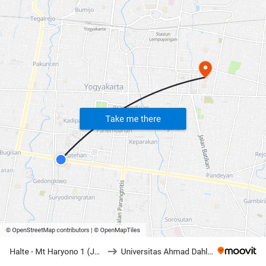 Halte - Mt Haryono 1 (Jokteng Kulon) to Universitas Ahmad Dahlan Kampus 1 map