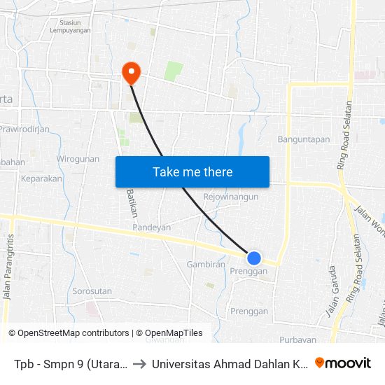 Tpb - Smpn 9 (Utara Jalan) to Universitas Ahmad Dahlan Kampus 1 map
