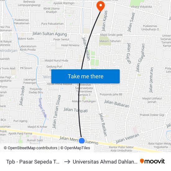 Tpb - Pasar Sepeda Tunjungsari to Universitas Ahmad Dahlan Kampus 1 map