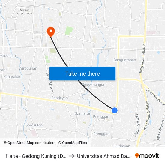 Halte - Gedong Kuning (Dep. Kehutanan) to Universitas Ahmad Dahlan Kampus 1 map