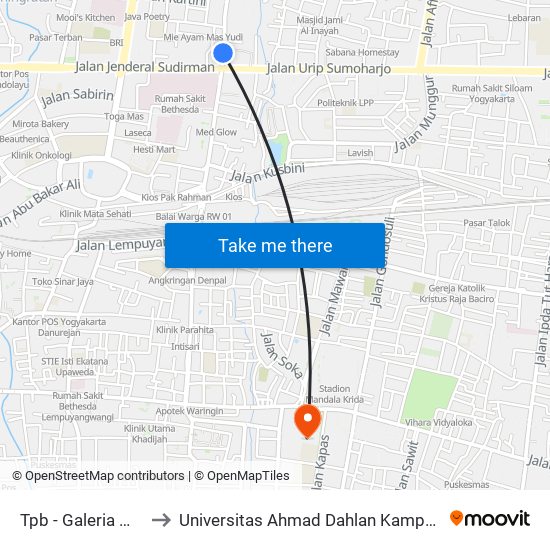 Tpb - Galeria Mall to Universitas Ahmad Dahlan Kampus 1 map