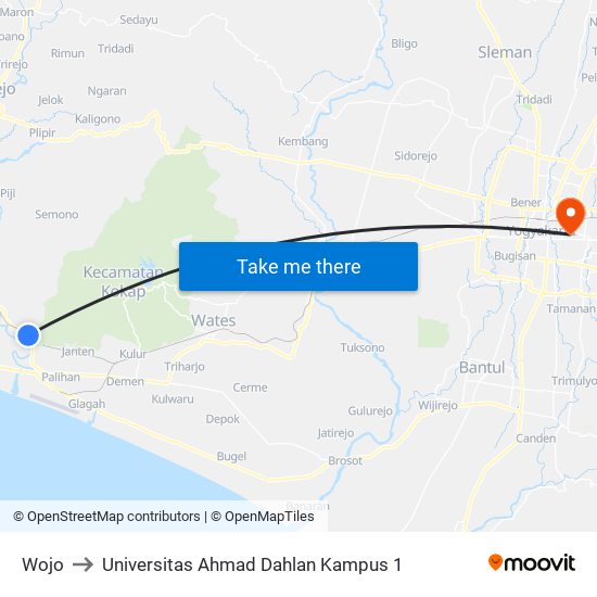 Wojo to Universitas Ahmad Dahlan Kampus 1 map