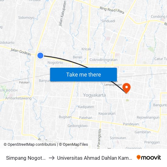 Simpang Nogotirto to Universitas Ahmad Dahlan Kampus 1 map