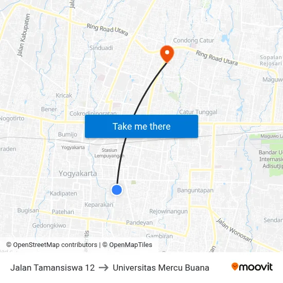 Jalan Tamansiswa 12 to Universitas Mercu Buana map