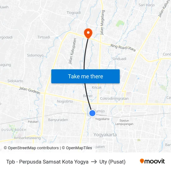 Tpb - Perpusda Samsat Kota Yogya to Uty (Pusat) map
