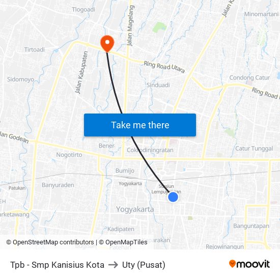 Tpb - Smp Kanisius Kota to Uty (Pusat) map