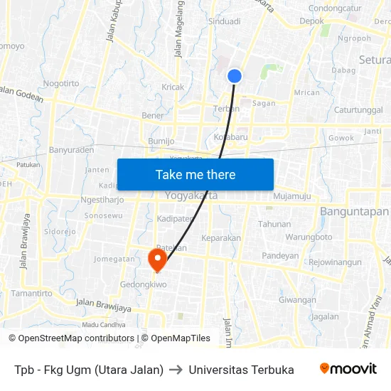 Tpb - Fkg Ugm (Utara Jalan) to Universitas Terbuka map