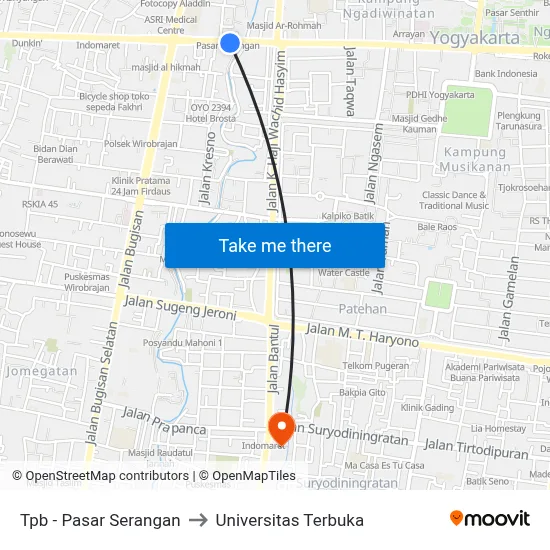 Tpb - Pasar Serangan to Universitas Terbuka map