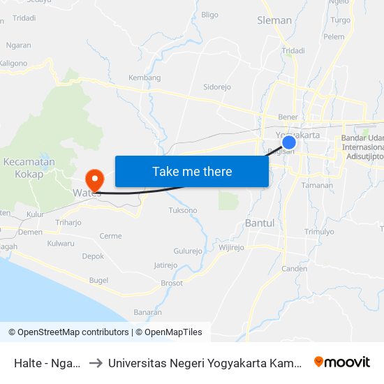 Halte - Ngabean to Universitas Negeri Yogyakarta Kampus Wates map