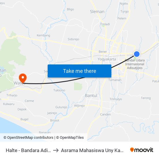 Halte - Bandara Adisutjipto to Asrama Mahasiswa Uny Kampus Wates map