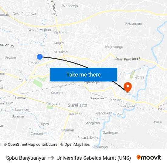 Spbu Banyuanyar to Universitas Sebelas Maret (UNS) map