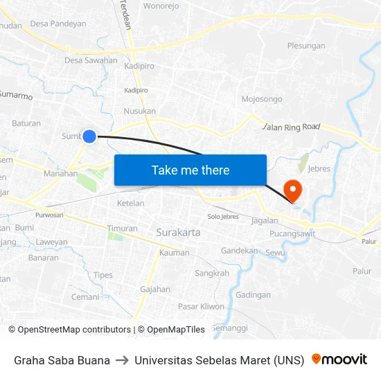 Graha Saba Buana to Universitas Sebelas Maret (UNS) map