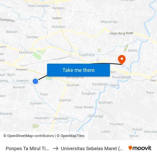 Ponpes Ta Mirul Timur to Universitas Sebelas Maret (UNS) map