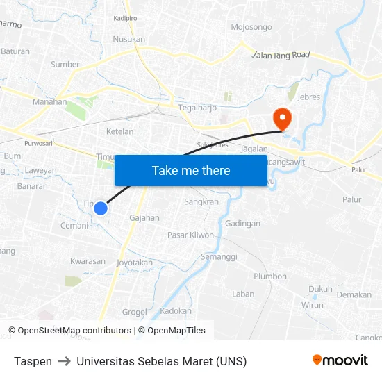Taspen to Universitas Sebelas Maret (UNS) map