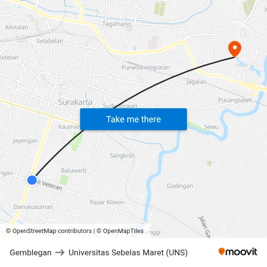 Gemblegan to Universitas Sebelas Maret (UNS) map
