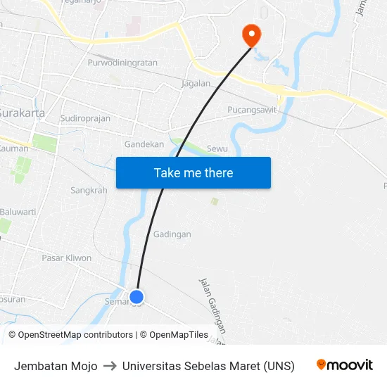Jembatan Mojo to Universitas Sebelas Maret (UNS) map