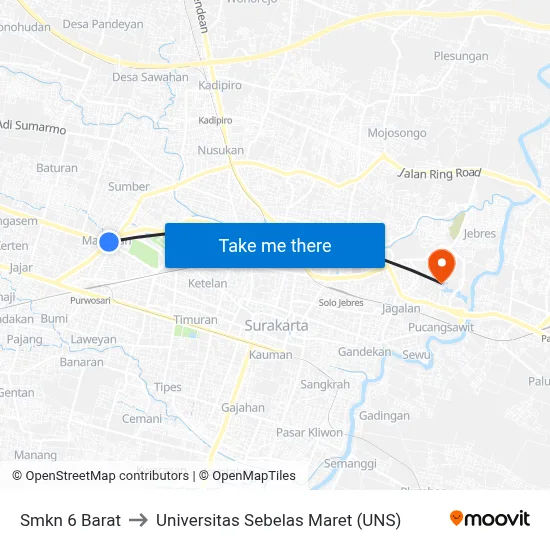 Smkn 6 Barat to Universitas Sebelas Maret (UNS) map