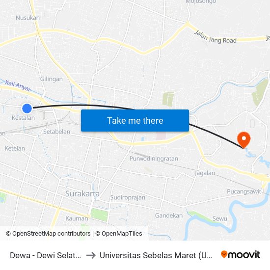 Dewa - Dewi Selatan to Universitas Sebelas Maret (UNS) map