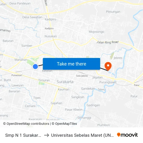 Smp N 1 Surakarta to Universitas Sebelas Maret (UNS) map