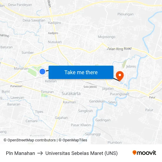 Pln Manahan to Universitas Sebelas Maret (UNS) map