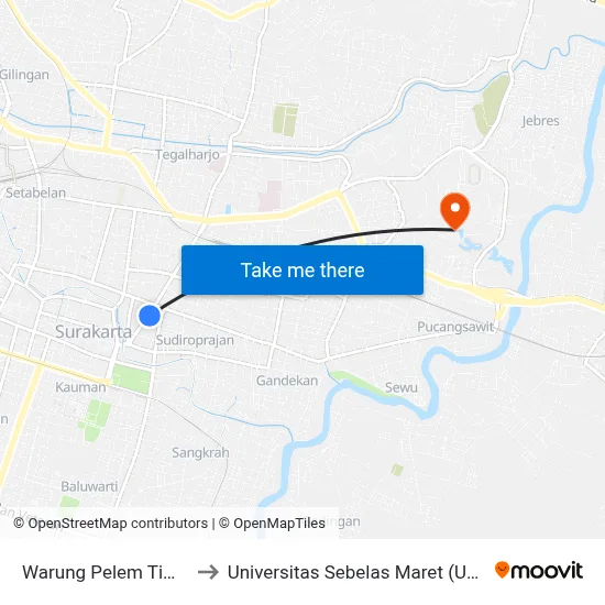 Warung Pelem Timur to Universitas Sebelas Maret (UNS) map