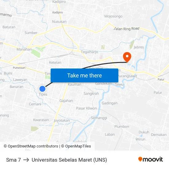 Sma 7 to Universitas Sebelas Maret (UNS) map